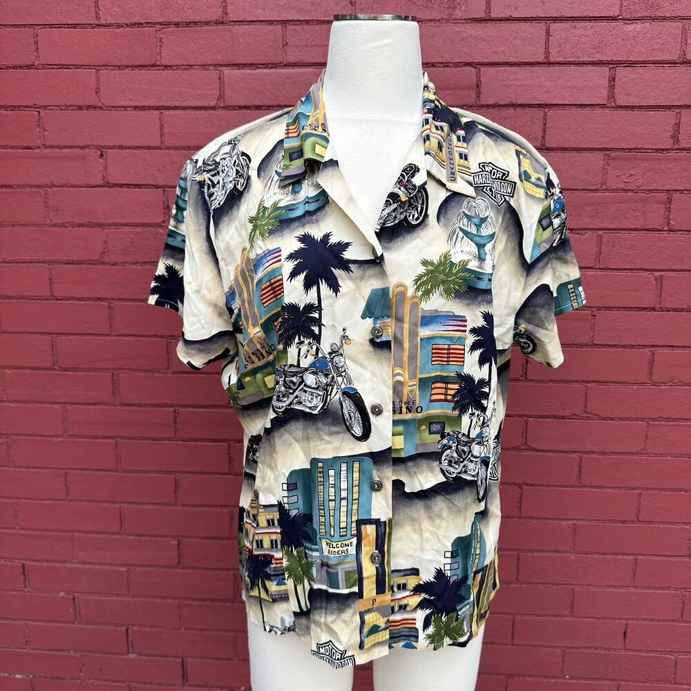 Vtg‎ Harley Davidson Tori Richard Hawaiian Shirt Womens XL Motorcycle AOP USA